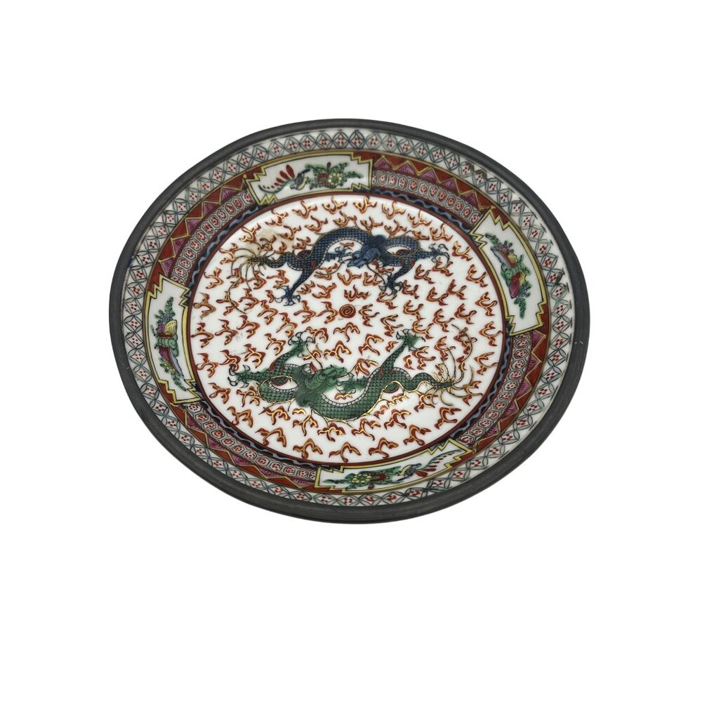 Hand-Painted Japanese Dragon Porcelain Bowl 9.5″ Pewter Encased Hong Kong Art